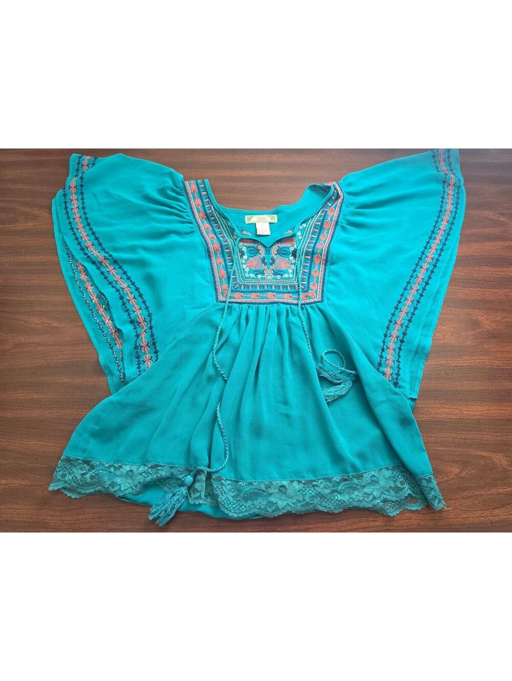 Flying Tomato S Teal Green Embroidered Peasant Tunic top Lace Hem Tassel Neck